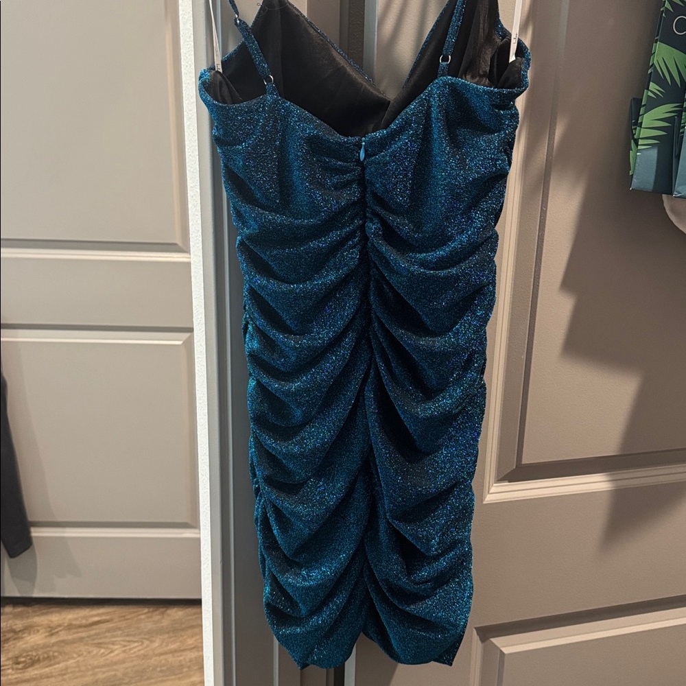 Lulu's Sparkling Teal Ruched Mini Dress - Picture 4 of 6
